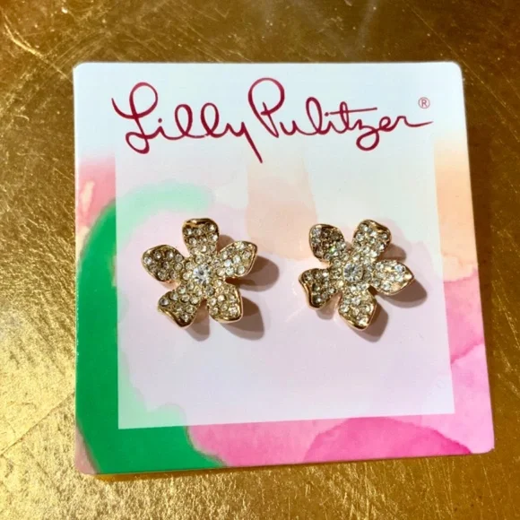Lilly Pulitzer EARRINGS “Beach Club Blooms” GOLD FLOWER 🩷 Crystal PIERCED - Picture 3 of 6